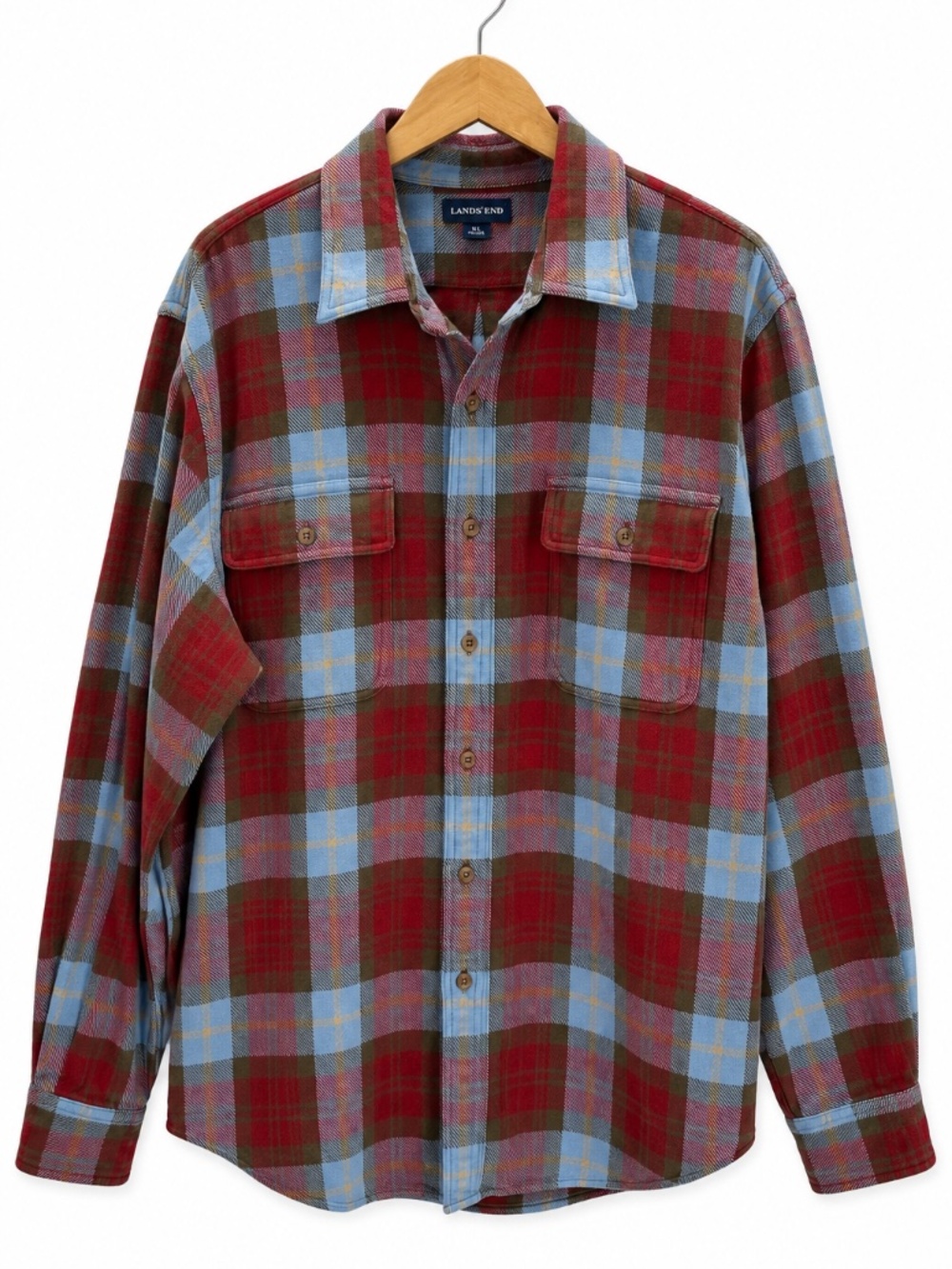 Lands’ End Plaid Twill Button Up Shirt Red Blue‎ Brushed Cotton Cabin Lodge XL